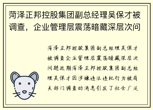 菏泽正邦控股集团副总经理吴保才被调查，企业管理层震荡暗藏深层次问题