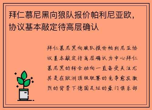 拜仁慕尼黑向狼队报价帕利尼亚欧，协议基本敲定待高层确认