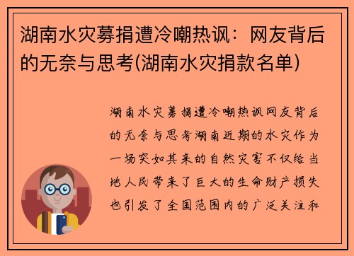 湖南水灾募捐遭冷嘲热讽：网友背后的无奈与思考(湖南水灾捐款名单)