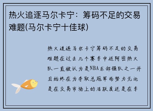 热火追逐马尔卡宁：筹码不足的交易难题(马尔卡宁十佳球)