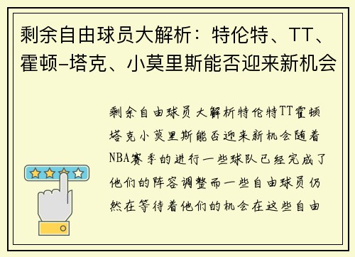剩余自由球员大解析：特伦特、TT、霍顿-塔克、小莫里斯能否迎来新机会？
