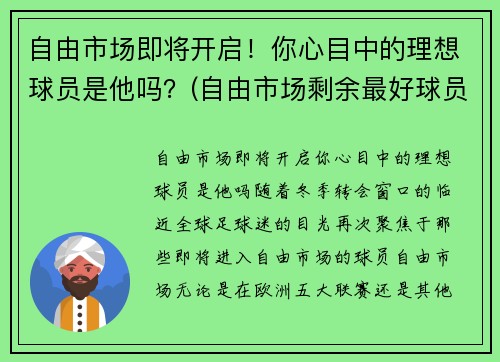 自由市场即将开启！你心目中的理想球员是他吗？(自由市场剩余最好球员)