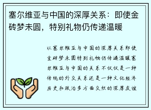 塞尔维亚与中国的深厚关系：即使金砖梦未圆，特别礼物仍传递温暖