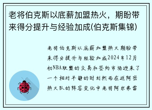 老将伯克斯以底薪加盟热火，期盼带来得分提升与经验加成(伯克斯集锦)